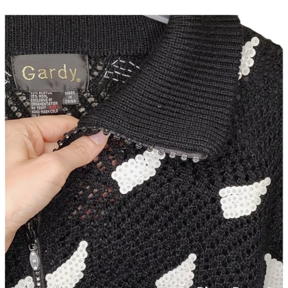 Women's Gardy Cardigan Knit Sweater Black Knit White Sequins Rhinestone Zipper L - Picture 5 of 13